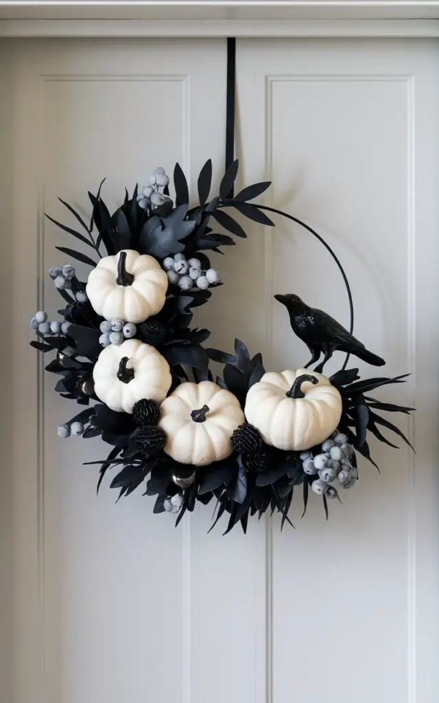 A photo of a sleek Halloween wreath made of black and white elements hanging on a pure white door. The wreath contains white pumpkins, matte black foliage, and a few gray berries, all spaced carefully around the circular base. A single crow figurine perches near the top of the wreath. The background is pristine and minimalist. The lighting is soft and diffused, eliminating shadows and highlighting the bold contrast between black and white.