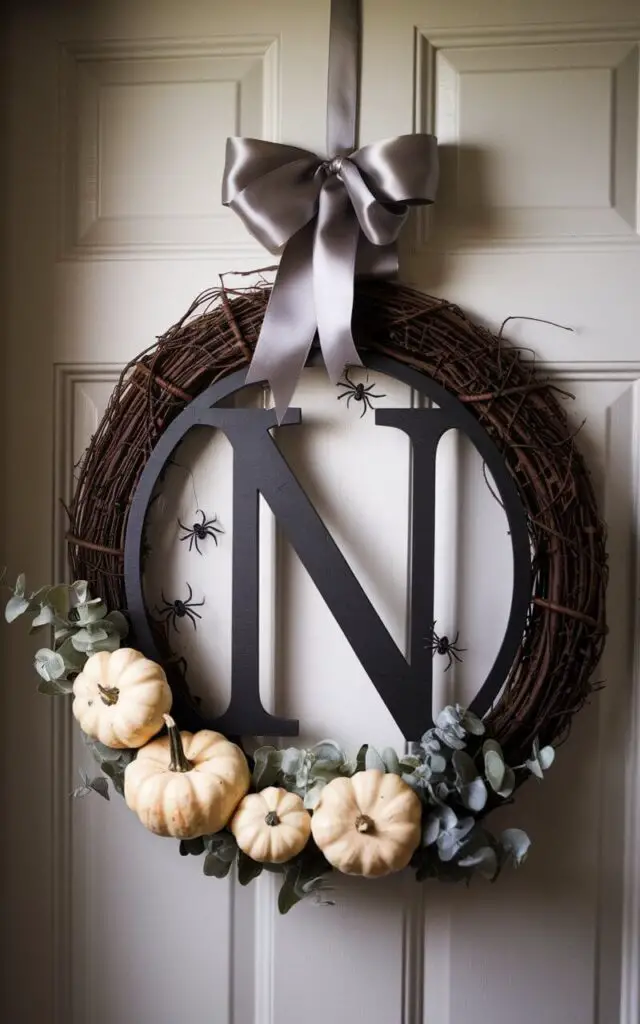 A photo of a Halloween wreath on a white door. The wreath has a bold wooden initial painted matte black, centered within a grapevine base. There are small ivory pumpkins, muted eucalyptus sprigs, and a handful of tiny spiders orbiting the letter. A slim satin ribbon in silver-gray creates a restrained bow at the top. The wreath is designed to align the monogram perfectly with the vine's inner circle. Soft window light from the left creates a gentle gradient across the monogram, enhancing legibility without harsh reflections.