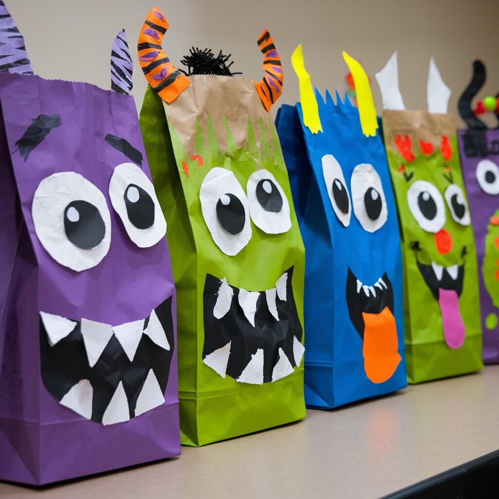 A table with a row of brown paper lunch bags decorated as funny Halloween monsters. Each bag is brightly painted with large googly eyes and other Halloween features like jagged white teeth, silly tongues, or horns. The paint is solid and vibrant, with no streaks. The bags are puffed slightly to show their shape, standing upright in a row. Each monster has a unique personality. The background is plain.