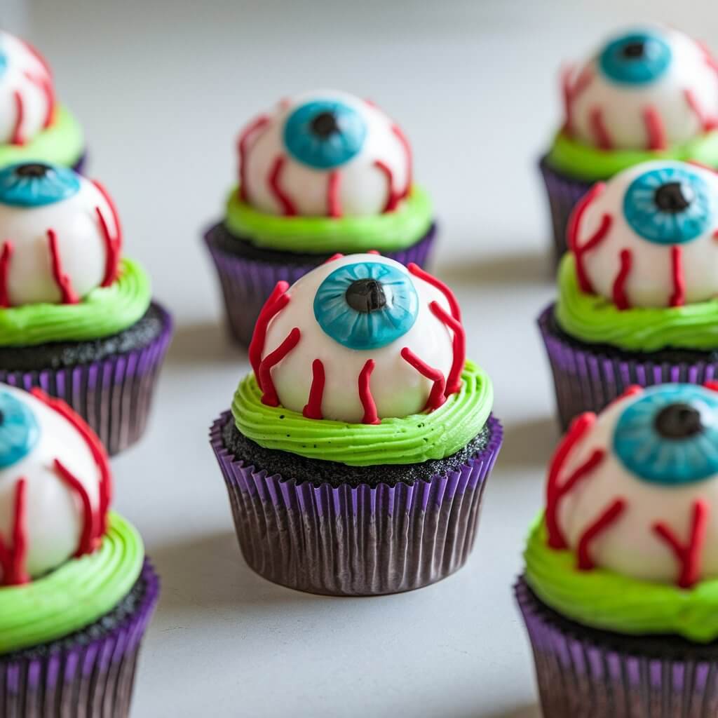 A close-up shot of Halloween cupcakes designed as eerie monster eyeballs. Each cupcake has brightly colored frosting in shades of green and purple as a base. A large white candy ball or truffle sits at the center as the eyeball, with red icing veins piped outward for a grotesque effect. The glossy candy pupil in the middle reflects the natural light, making the eye appear startlingly lifelike. Set in a scattered arrangement on a bright plain white kitchen countertop, the cupcakes look playfully creepy and perfect for a Halloween table.