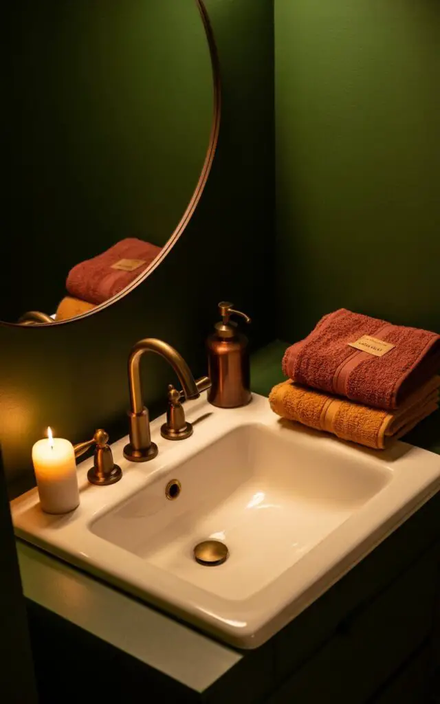 A photograph showcasing a modern bathroom interior bathed in the warm glow of candlelight. A pristine white porcelain sink with matte brass fixtures is the central focus, positioned against a deep forest green wall that evokes a sense of moody drama. Above the sink, a round mirror with a slim bronze frame reflects the candlelight, while neatly folded rust-colored towels and a copper soap dispenser add subtle autumn accents. The minimalist design creates a cozy, rich, and seasonal sanctuary with soft, diffused lighting emphasizing the textures and tones.