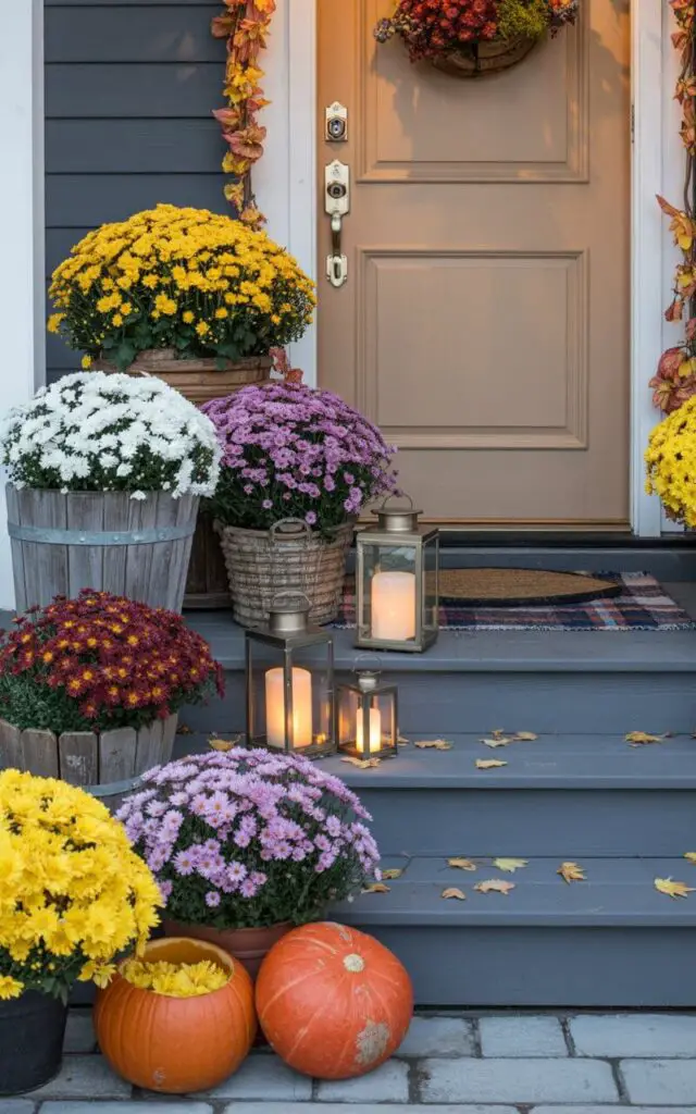 A photograph of a vibrant front porch bathed in the warm light of a crisp autumn afternoon. The focal point is a meticulously designed front door featuring a brushed nickel key lock and handle, framed by a profusion of blooming mums in shades of golden yellow, deep burgundy, and crisp white spilling out of rustic planters and weathered wooden buckets. Hollowed pumpkins, also overflowing with chrysanthemums, cascade down the steps alongside the flowers, complemented by a cozy plaid rug and softly glowing lanterns arranged to create a layered, inviting scene. The porch exudes a cheerful and exuberant feeling, with the sheer abundance of mums conveying the essence of fall – “Welcome Home”.