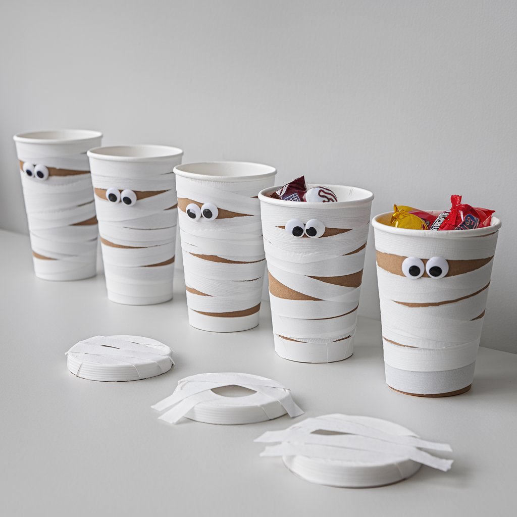 A Halloween-inspired, minimalist setup of a row of white-wrapped paper cups designed to look like mummies. Each cup is covered in strips of toilet paper or white crepe paper, layered carefully to resemble ancient bandages. Googly eyes peek through small gaps, giving the mummies curious or silly expressions. The cups stand upright, some empty and others filled with candy, showing their versatility as decorations or treat holders. The wrapping is tidy, with edges secured neatly. The display is placed on a plain table. There are no tools visible, and the focus is on the finished mummy cups.