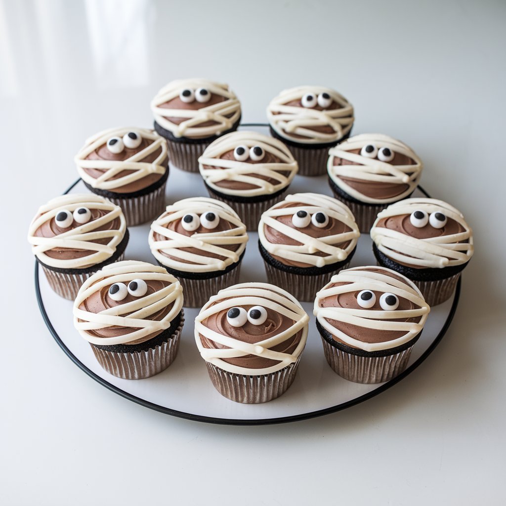 An array of Halloween cupcakes decorated to look like playful mummies. The base frosting is a smooth layer of chocolate, over which strips of white icing are piped in crisscross patterns to mimic bandages. Two round candy eyeballs peek out from between the frosting lines, creating a mischievous mummy stare. The piped frosting ridges cast small shadows under natural light, enhancing the layered bandage effect. Displayed neatly on a white tray placed on a bright plain white kitchen countertop, the mummy cupcakes look both spooky and adorable.