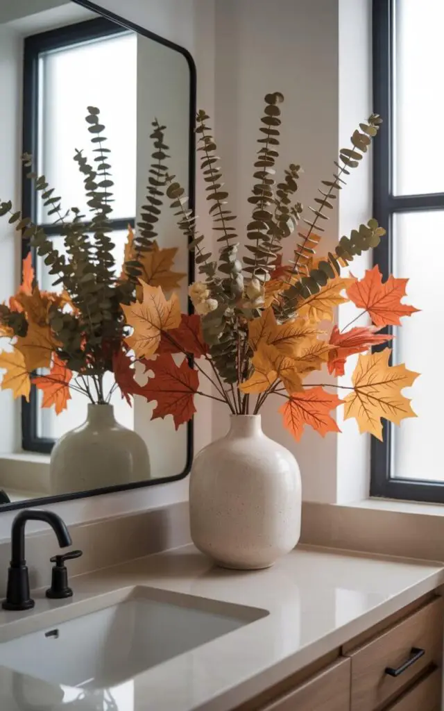 A photograph of a meticulously designed minimalist bathroom, centered around a decorative vanity showcasing a seasonal arrangement. A large, off-white ceramic vase holds tall, dried eucalyptus branches intertwined with faux maple leaves in rich orange and golden hues, positioned on the clean-lined countertop beside a sleek, frameless mirror. Soft, diffused natural light streams through a nearby window, highlighting the organic textures of the foliage and reflecting off the polished surfaces of the bathroom. The overall scene exudes a sense of balance—modern yet grounded, minimal yet full of autumn’s natural charm.
