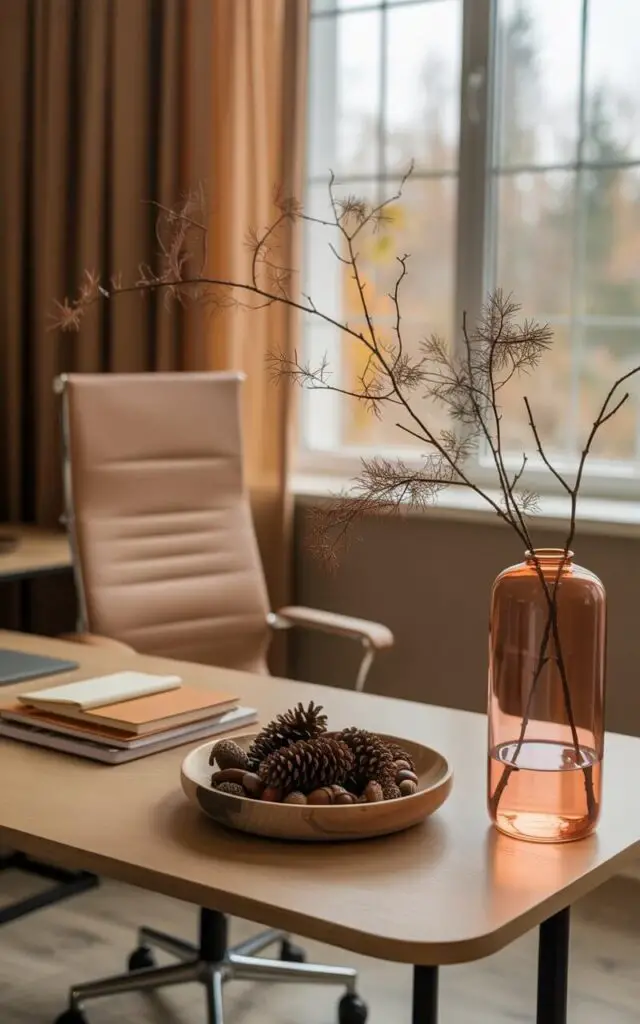 A photograph of a beautifully designed office space, suffused with the warm hues of autumn. A minimalist desk and ergonomic chair are the focal point, set against a backdrop of natural textures and muted colors. On the desk, a tall, clear glass vase displays delicate branches of bare twigs, accented by a shallow wooden bowl filled with pinecones and acorns. Soft, diffused light streams through a nearby window, highlighting the earthy tones of the stacked notebooks and creating a serene, calming atmosphere.