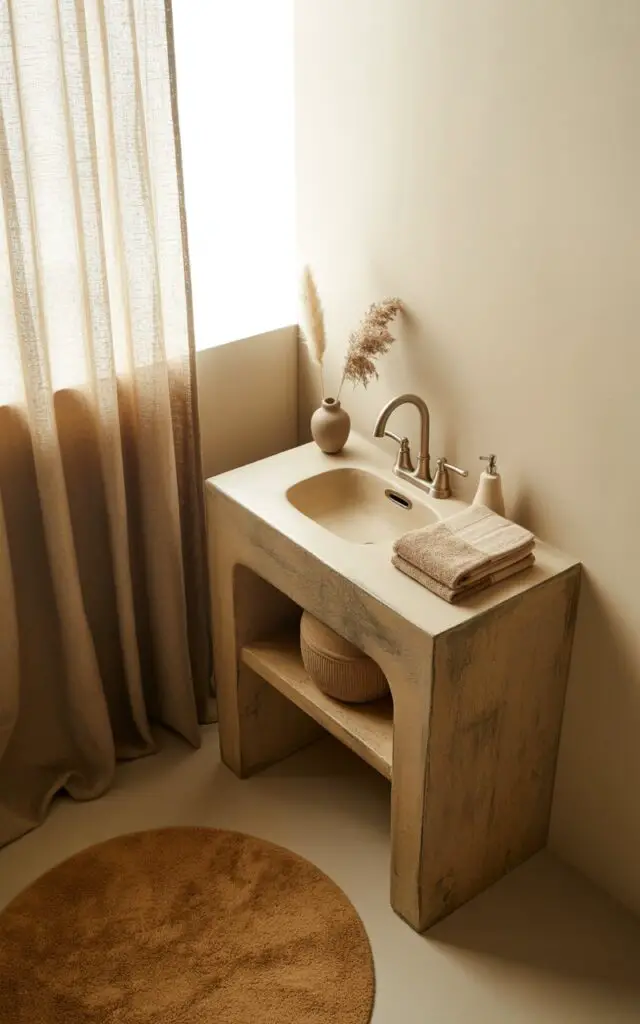 A photograph showcases a minimalist bathroom vanity bathed in soft morning light. The vanity, crafted from weathered earthy wood, features a simple ceramic sink and a delicately curved faucet with brushed nickel finish.  A neatly folded stack of beige towels sits atop the vanity, next to a small ceramic vase holding dried pampas grass. Creamy off-white walls and a plush caramel-toned rug create a warm, inviting atmosphere, while sheer taupe linen curtains gently filter the light from a nearby window.
