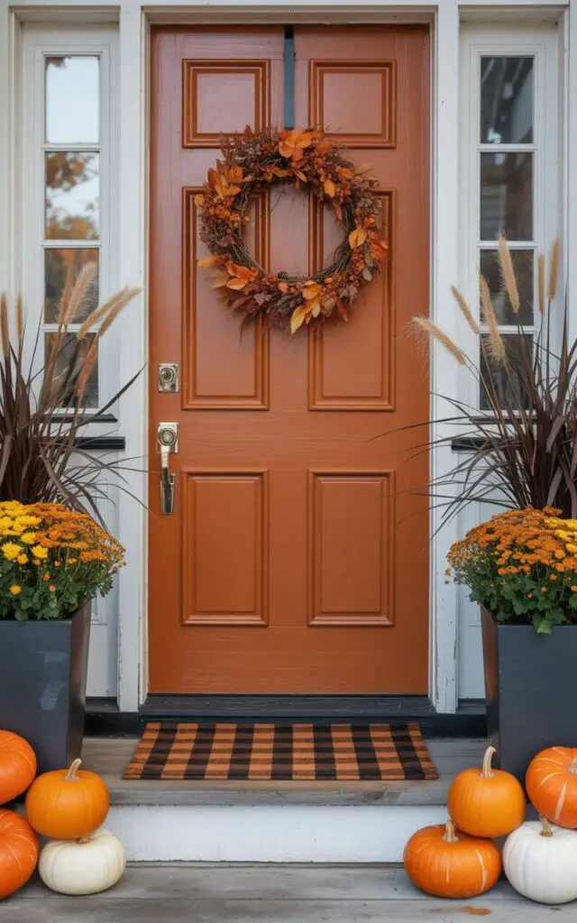 A photograph of a freshly painted burnt orange front door, the centerpiece of a stylish Fall porch scene. The door features a gleaming nickel key lock and is adorned with a vibrant fall wreath of dried leaves and berries, flanked by two tall black planters overflowing with bright orange mums and wispy ornamental grasses. Below, a neatly arranged collection of pumpkins in varying shades of orange and white sit on the steps, grounded by a cozy buffalo check rug, which accentuates the door’s rich hue. Soft, diffused daylight illuminates the porch, creating a warm and inviting atmosphere.