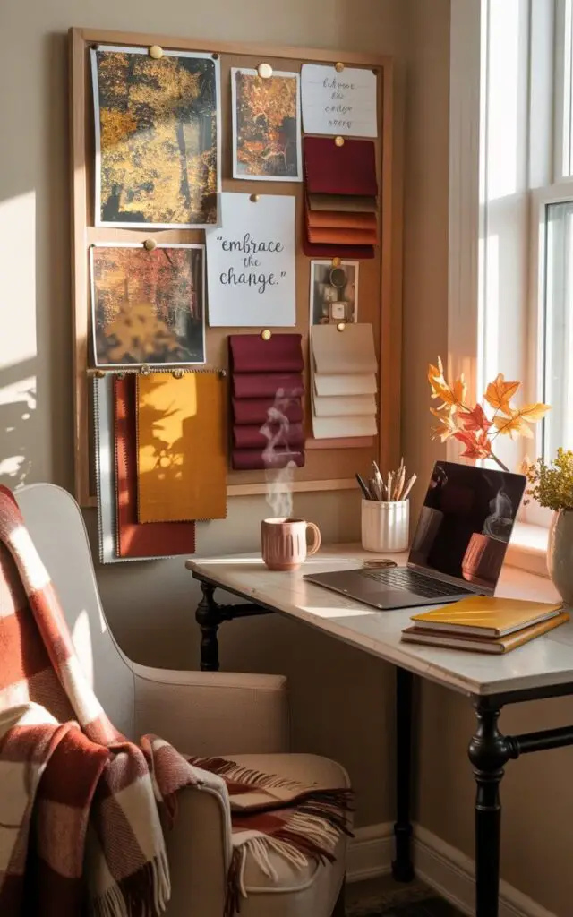 A photograph of a cozy, sun-drenched home office showcasing a meticulously styled pinboard above an elegant desk and chair. The pinboard is overflowing with vibrant photographs of golden autumn foliage, rich burgundy and mustard-colored fabric swatches, and handwritten inspirational quotes reading "“Embrace the Change”". A sleek laptop, a steaming ceramic mug, and a stack of warm-toned notebooks adorn the desk, while a soft plaid throw blanket is draped across the comfortable armchair, all subtly illuminated by the soft morning light streaming through a nearby window. The scene exudes a personal and creative atmosphere, blending functionality with the comforting charm of the fall season.