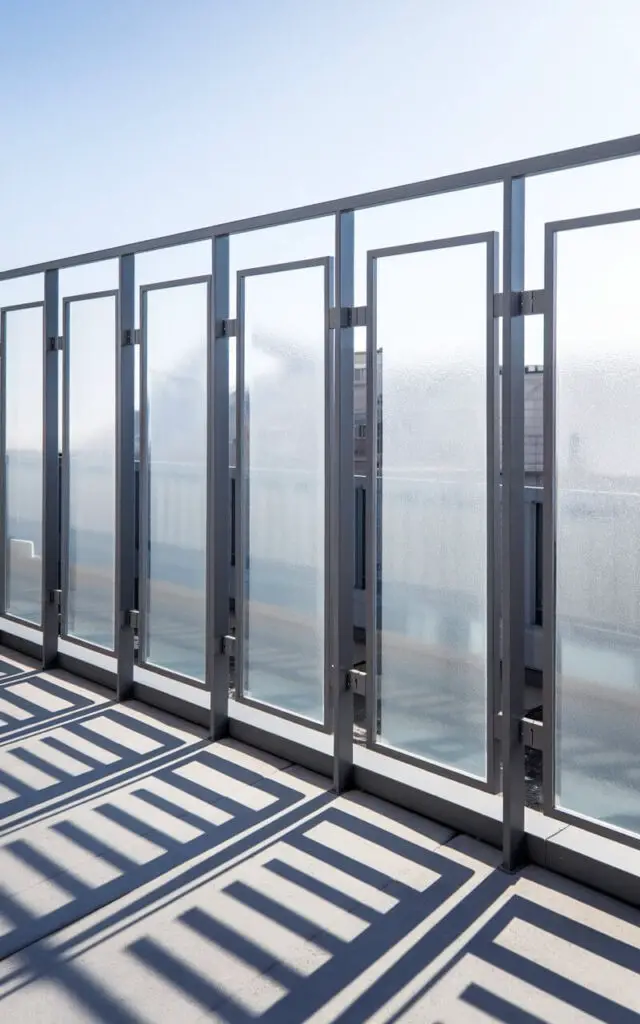 A balcony with a railing made of slim metal frames and frosted glass inserts. The railing has pivoting panels that can rotate on concealed hinges to adjust airflow or privacy. The design is minimalist and sleek, with flush mounts and even spacing. The panels cast layered light and shadow patterns across the balcony floor when they are at an angle. The setup is flexible, modern, and interactive, allowing residents to customize their environment while enjoying a railing that feels both practical and playful.