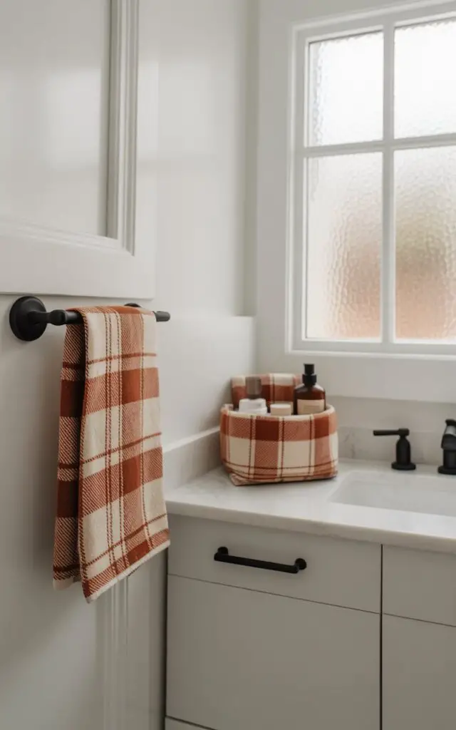 A photograph of a meticulously styled fall bathroom, showcasing a minimalist aesthetic in crisp white tones. A black towel bar holds a neatly folded plaid hand towel in warm rust and beige, while a matching plaid basket containing neatly arranged toiletries sits beside a sleek white vanity with matte black fixtures. Soft, diffused natural light streams in through a nearby frosted window, highlighting the subtle textures and clean lines of the space.  The overall scene conveys a sense of cozy tranquility and carefully curated design, perfectly capturing the essence of a minimalist fall retreat.
