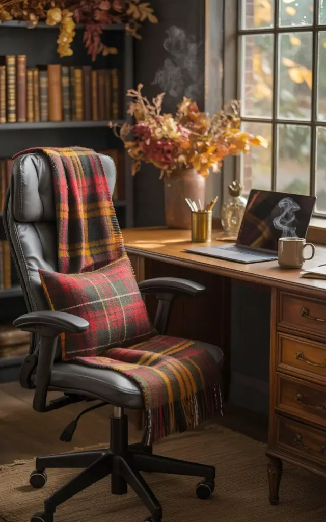 A photograph of a warmly lit, cozy fall office centered around a beautifully designed wooden desk and ergonomic chair. The ergonomic chair is a deep charcoal gray, adorned with a plush plaid cushion in deep reds and mustard yellows, and a casually draped plaid throw blanket is artfully arranged across the back. On the desk, a silver laptop sits open next to autumn-toned stationery including a brass pen holder and a steaming ceramic mug filled with coffee, while behind the desk, shelves display antique leather-bound books and dried floral arrangements in complementary hues of rust and gold. Soft, diffused golden light streams through a large window, illuminating dust motes dancing in the air and creating a timeless and inviting atmosphere.