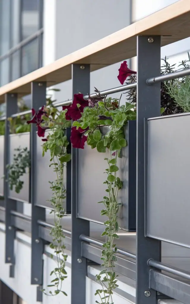 A close-up image of a balcony railing with built-in planter boxes. The railing is made of wood and metal, with stainless-steel brackets securing the planters to the structural posts. The planters are filled with trailing petunias and compact herbs. The wooden caprail serves as a narrow shelf for tending plants. The design has a minimalist aesthetic, with clean rectangular planter profiles, uniform plant groupings, and a limited foliage palette. The railing is both practical and visually appealing.