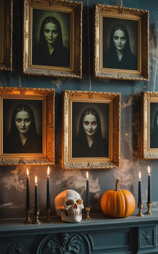 A photograph of an antique Halloween mantelpiece adorned with eerie, sepia-toned portraits in ornate gilded frames. Each portrait features a ghostly figure with subtly altered expressions—some with glowing eyes, others with unsettling smiles—leaning against a distressed, dark grey stone wall. Below the portraits, several black wax candles flicker, casting elongated shadows and highlighting a minimalist arrangement of a polished skull and a single, elegantly carved pumpkin. The scene is bathed in a soft, diffused light, evoking a feeling of refined eeriness within a secluded, forgotten gallery.