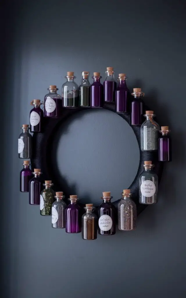 A photo of a minimalist room with a charcoal-gray wall. Hanging on the wall is a circular Halloween wreath. The wreath is made of a ring wrapped in black twine, with an assortment of tiny glass potion bottles filled with colored liquids – deep purple, mossy green, and smoky gray. Some bottles have miniature labels with elegant calligraphy, while others contain faux herbs or glittery “powder.” The wreath is designed to maintain perfect balance, with each bottle evenly spaced without clutter. The lighting reflects off the glass, highlighting the textures and liquid hues without overpowering the refined, eerie aesthetic.