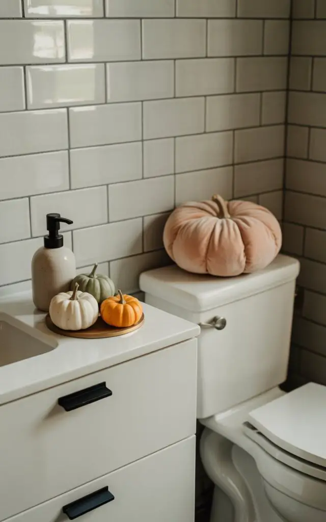A photograph of a minimalist bathroom bathed in soft morning light, showcasing a collection of autumnal decorations. On the sleek white vanity counter, a carefully arranged grouping of miniature pumpkins in white, muted green, and soft orange sits beside a ceramic soap dispenser. A larger, plush pumpkin rests gracefully on the toilet tank lid, which is set against a backdrop of pristine, pale gray subway tiles and matte black fixtures, ensuring a clean and uncluttered aesthetic. The overall scene evokes a sense of cozy seasonal charm, perfectly balanced within the room's modern, minimalist design.