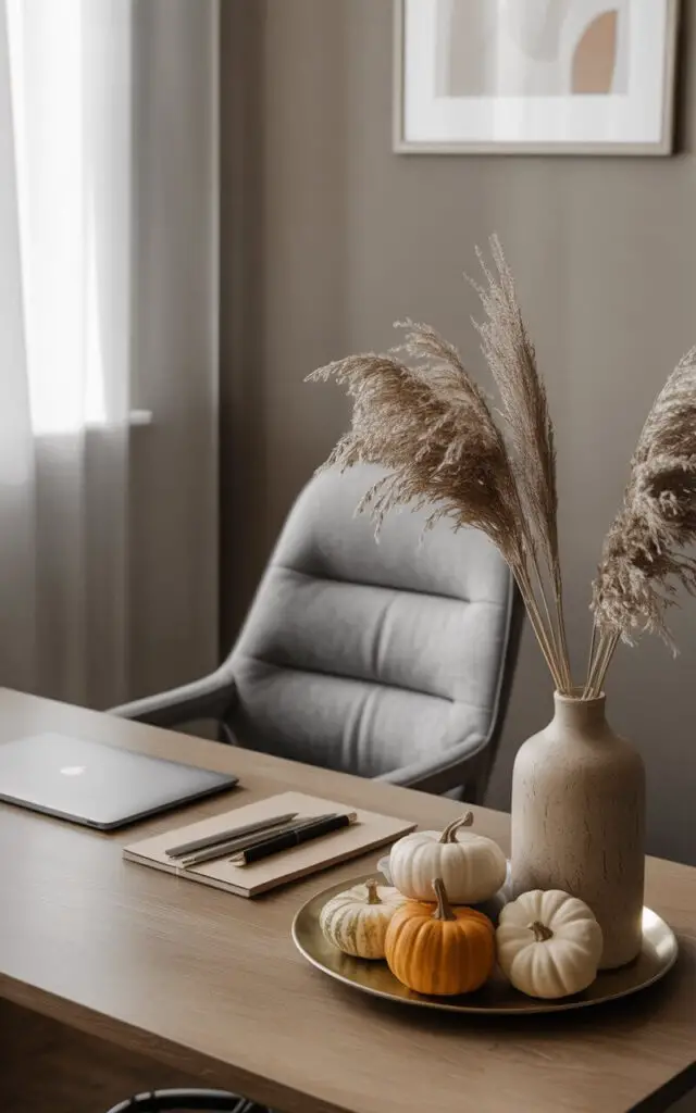 A photograph of a meticulously designed modern office space, with a focus on a beautifully styled desk. A sleek, minimalist desk features a closed silver laptop, a set of elegant black pens, and neat notepads alongside a tasteful arrangement of mini pumpkins in varying shades of white, muted orange, and beige nestled within a tall ceramic vase of dried grasses. The warm, neutral tones of the desk and décor are contrasted by a gray fabric office chair and a soft grey wall with a single framed print of abstract art. Gentle, diffused sunlight streams through a nearby window, casting soft shadows and highlighting the refined autumnal aesthetic.