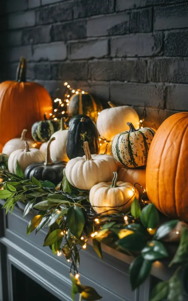 A photograph of a meticulously styled Halloween mantelpiece overflowing with an assortment of pumpkins. Large, classic orange pumpkins frame the display on either side, while smaller white, black, and subtly metallic pumpkins are thoughtfully arranged across the surface, interspersed with vibrant green foliage. Warm twinkle lights are delicately woven throughout the pumpkins, creating a soft golden glow and highlighting the varied textures and colors. The backdrop is a dark, textured brick wall, providing a contrasting canvas that accentuates the festive and artistic arrangement.