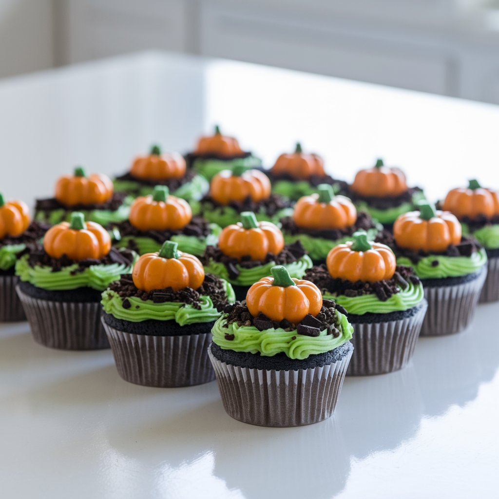 A photo of a group of Halloween cupcakes decorated to look like tiny pumpkin patches. Each cupcake has a dark chocolate cake base, topped with bright orange candy pumpkins resting on swirls of green frosting piped to resemble grass. Crushed Oreo cookie crumbs are sprinkled across the surface to mimic soil. The cupcakes are displayed in neat rows on a bright plain white kitchen countertop, making the colors appear even more vivid. The scene is illuminated by soft natural light, highlighting the textures of the frosting and cookie crumbs.