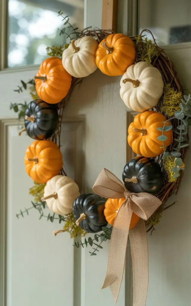 A photograph showcases a meticulously crafted Halloween wreath, a circle of miniature pumpkins adorning a weathered, sage-green painted door. The pumpkins are a harmonious blend of matte orange, creamy ivory, and sleek black, artfully arranged with their stems aligned to create a pleasing visual rhythm, accented by sprigs of preserved eucalyptus and moss. A slender burlap bow is gracefully positioned in the lower right quadrant, enhancing the composition without detracting from the wreath’s symmetry. Soft, diffused daylight gently illuminates the whitewashed porch and the wreath, highlighting the textures and subtle imperfections of the pumpkins and creating a peaceful, inviting atmosphere.