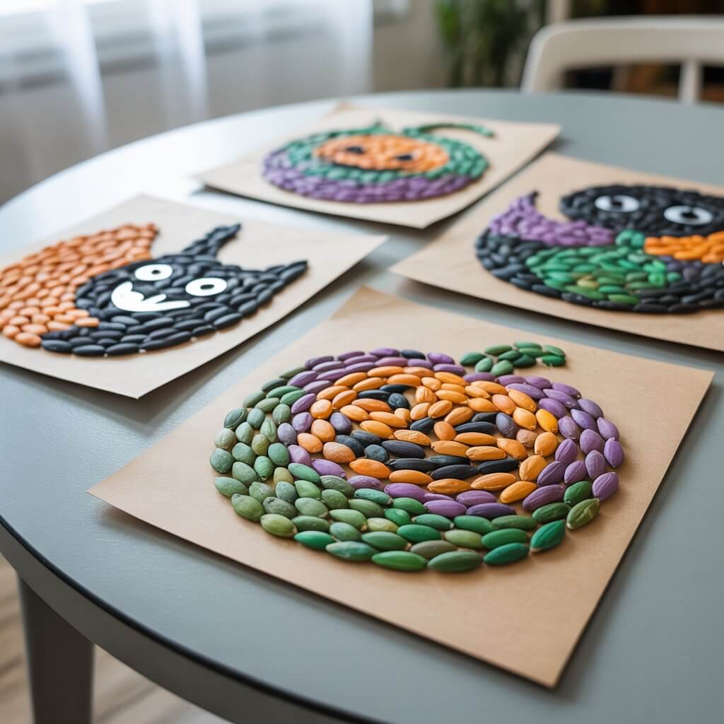 A photograph showcasing a collection of charming homemade crafts featuring vibrant mosaics made from painted pumpkin seeds. The artwork displays intricate patterns, including a smiling "PUMPKIN" design and a sleek black cat silhouette, all meticulously arranged on sturdy white paper. Each seed is dyed in rich hues of orange, emerald green, amethyst purple, and jet black, creating a textured surface, with minimal gaps between the seeds. The crafts are neatly displayed on a light gray table under soft, diffused lighting, maintaining a clean, minimalist aesthetic that draws complete focus to the unique seed art.