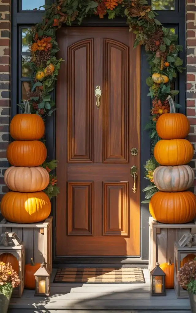A photograph of a beautifully decorated fall front porch centered around a richly stained wooden door with a gleaming nickel key lock. The door is framed by two meticulously sculpted pumpkin topiaries with vibrant orange hues and rounded forms, standing proudly on either side of the entryway. Below the topiaries sit stacked pumpkins—large at the base, progressing to medium, then small—nested within weathered rustic planters, accented by warm-toned lanterns glowing at their bases and a cozy plaid mat, bathed in soft, diffused sunlight. A backdrop of deep green foliage and a glimpse of a charming brick house completes the picturesque autumnal scene.