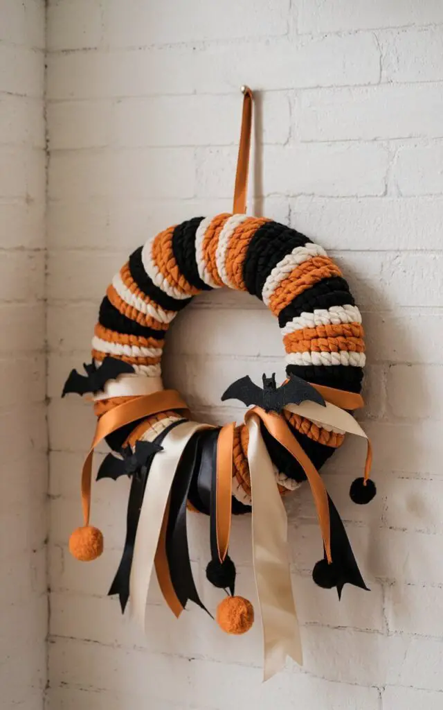 A photo of a Halloween wreath hanging on a whitewashed brick wall in a minimalist setting. The wreath is made of a base tightly wrapped in alternating strands of chunky yarn and smooth satin ribbon in black, orange, and off-white. The wreath is adorned with a few tiny felt bats and miniature pom-poms. The background is clean and uncluttered, allowing the wreath to stand out.