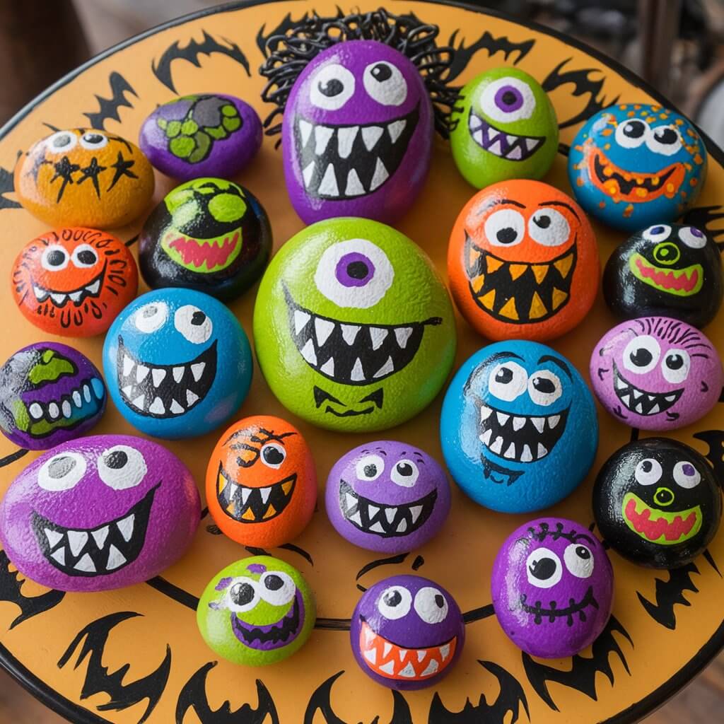 A photo of a table with a group of Halloween monster rocks painted in bold, bright colors. The rocks have hand-painted details like googly eyes, wide grins, jagged teeth, and quirky eyebrows. The monsters vary in size, from small pebble-sized to larger palm-sized stones. They are arranged in a small group with each rock clearly visible. The table has a Halloween-themed design.