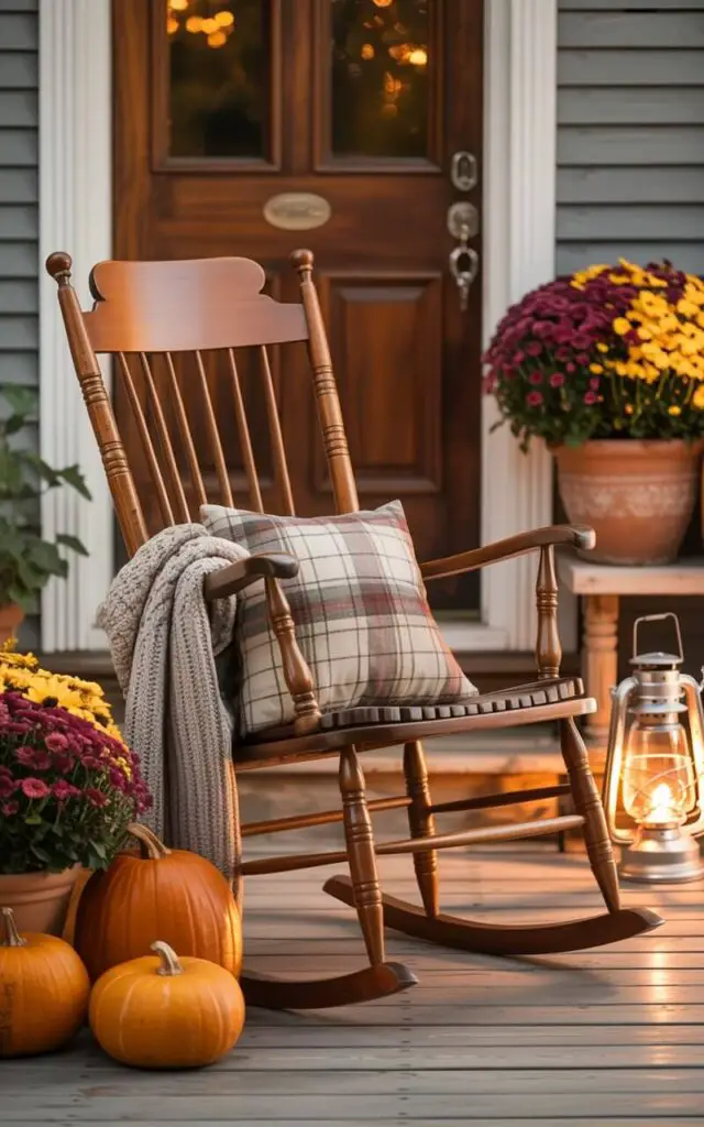 A photograph of a classic wooden rocking chair sitting on a charming Fall front porch. The chair boasts a gently curved back, sturdy legs, and a worn, inviting texture, accentuated by a cozy plaid cushion and a soft knit throw draped casually over its armrest. Several pumpkins sit at the base of the chair and a lantern glows softly beside it, alongside ceramic pots overflowing with vibrant mums, while a beautifully designed door with a nickel key lock sits in the background. Soft, golden afternoon light casts a warm glow across the porch, enhancing the nostalgic, welcoming atmosphere.