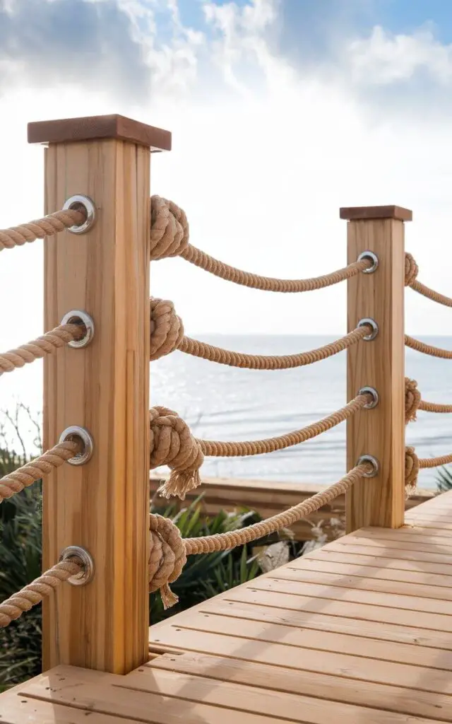 A photo of a balcony railing made of thick, nautical rope stretched between natural wood posts. The railing has a well-designed rustic charm and durability. Each rope strand is threaded through stainless-steel eyelets and knotted with sailor's precision. The wooden posts are capped with oiled timber tops. Sanded deck planks beneath have the same texture as the rope. The bright sky frames the scene, evoking breezy seaside living. The combination feels natural, handcrafted, and perfectly relaxed.