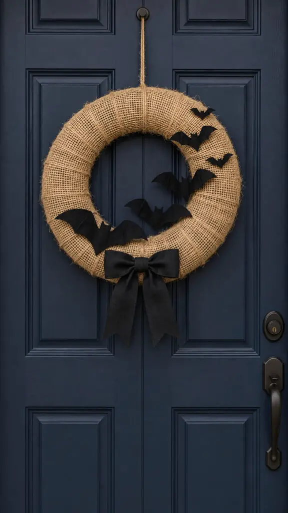 Rustic Burlap Bat Wreath on Navy Door