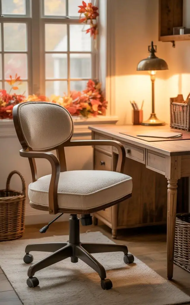 A photograph showcasing a meticulously designed office chair and desk nestled within a stylish fall office space. The chair features a plush, oatmeal-colored cushion and a gently curved back, positioned perfectly in front of a desk crafted from reclaimed wood.  A vintage bronze desk lamp casts a warm, inviting glow upon a neatly arranged wooden organizer holding pens and a woven wicker basket.  The room is softly illuminated with natural light filtering through a window adorned with autumnal leaves, completing the cozy, farmhouse-inspired atmosphere.