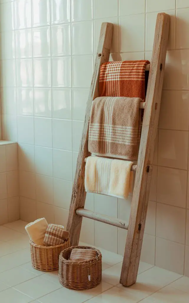 A photograph of a rustic wooden ladder leaning against a softly textured white tile wall within a minimalist bathroom. The ladder is weathered with visible wood grain and knots, displaying neatly rolled plaid towels in warm tones of rust, beige, and cream, arranged in a cascading display. At the base of the ladder sit two small, circular woven baskets holding loosely folded hand towels. Soft, diffused natural light filters in from a nearby window, highlighting the texture of the wood and creating a cozy, farmhouse-inspired ambiance.
