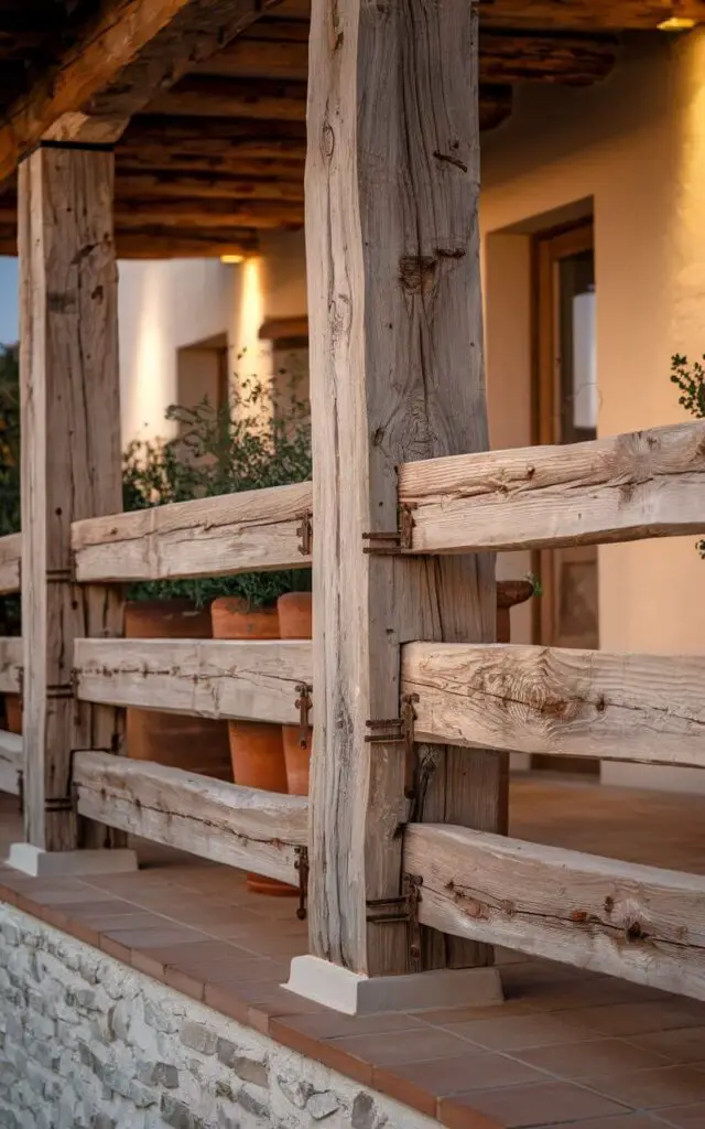 A photograph of a rustic wooden balcony railing with weathered timber beams. The railing has thick vertical posts rising from a stone base, with horizontal beams showing natural knots, cracks, and textured grain. The design embraces its imperfections, making them part of the character. Simple iron brackets hold the beams together, echoing a minimalist approach where utility doubles as style. The rustic wood pairs beautifully with potted greenery and terracotta tiles, creating a farmhouse aesthetic. Warm evening light softens the rough edges, making the railing feel cozy, handcrafted, and timeless.