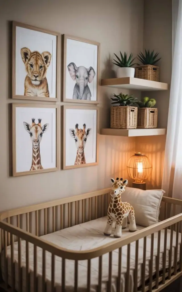 A photograph of a cozy nursery featuring a gallery wall displaying framed portraits of baby animals: a playful lion cub, a gentle baby elephant, and a curious giraffe, all within simple wooden frames. In front of the gallery wall, a neutral-toned nursery cot bed is neatly made with soft, ivory-colored linens and a single plush toy giraffe. Floating shelves adorned with miniature potted succulents, a woven rattan lamp, and seagrass storage baskets are placed against the wall, softly lit by a warm, diffused glow from a nearby window. The room exudes a whimsical yet sophisticated atmosphere, showcasing a peaceful and nurturing environment.