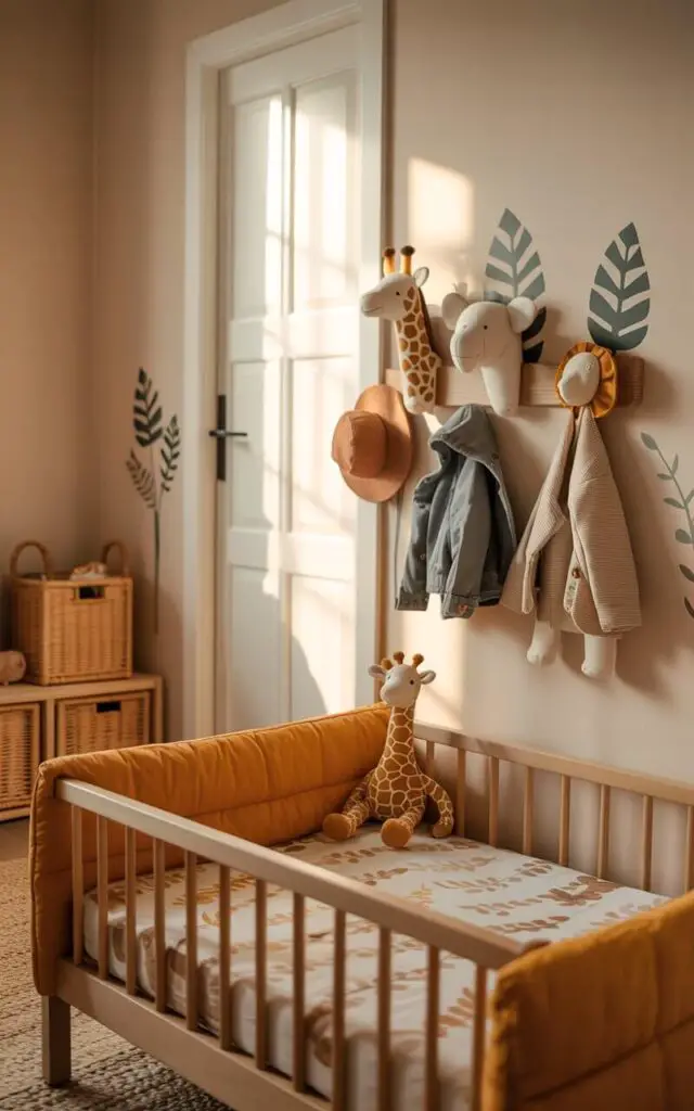 A photograph of a cozy nursery room bathed in soft, warm sunlight. A plush orange cot bed with wooden slats takes center stage, styled with a leafy-patterned duvet and a cuddly giraffe plush toy resting on its edge. Along the entryway wall, playful animal-shaped wall hooks—a giraffe, elephant, and lion—hold a few tiny jackets and hats, neatly arranged. Woven storage baskets and leafy decals complete the whimsical safari theme, creating a serene and inviting atmosphere.