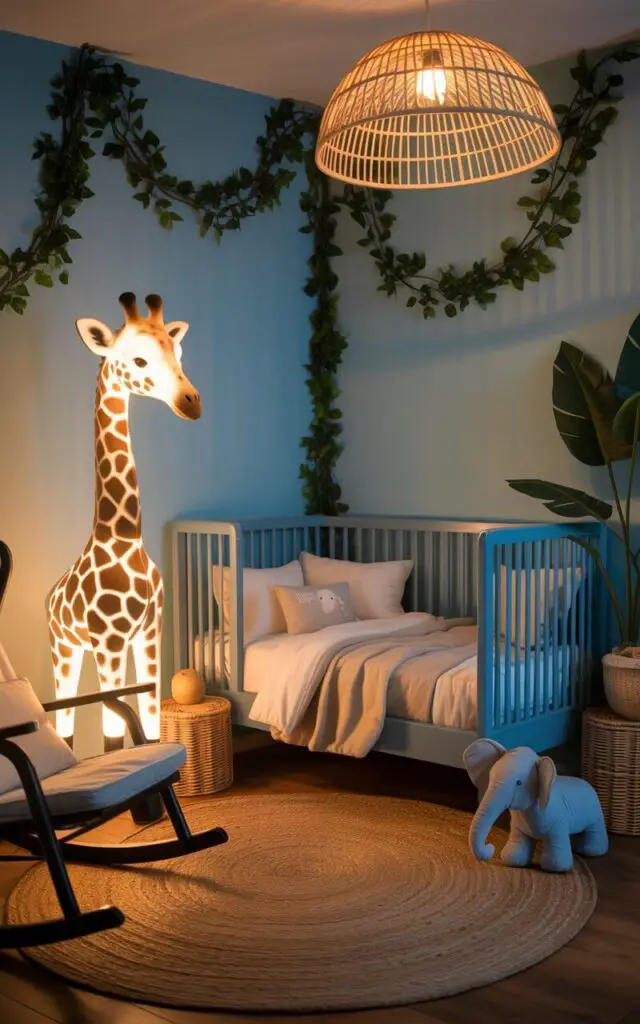 A photograph of a cozy blue nursery featuring a giraffe-shaped floor lamp gently illuminating a rocking chair. The focal point is a plush blue cot bed adorned with beige bedding, nestled in the center of the room. Leafy decals climb the walls, complemented by woven baskets and a pair of plush elephants positioned near the cot, all bathed in the warm glow of a rattan pendant lamp overhead. The scene exudes a tranquil and adventurous safari atmosphere, with soft shadows and gentle lighting.