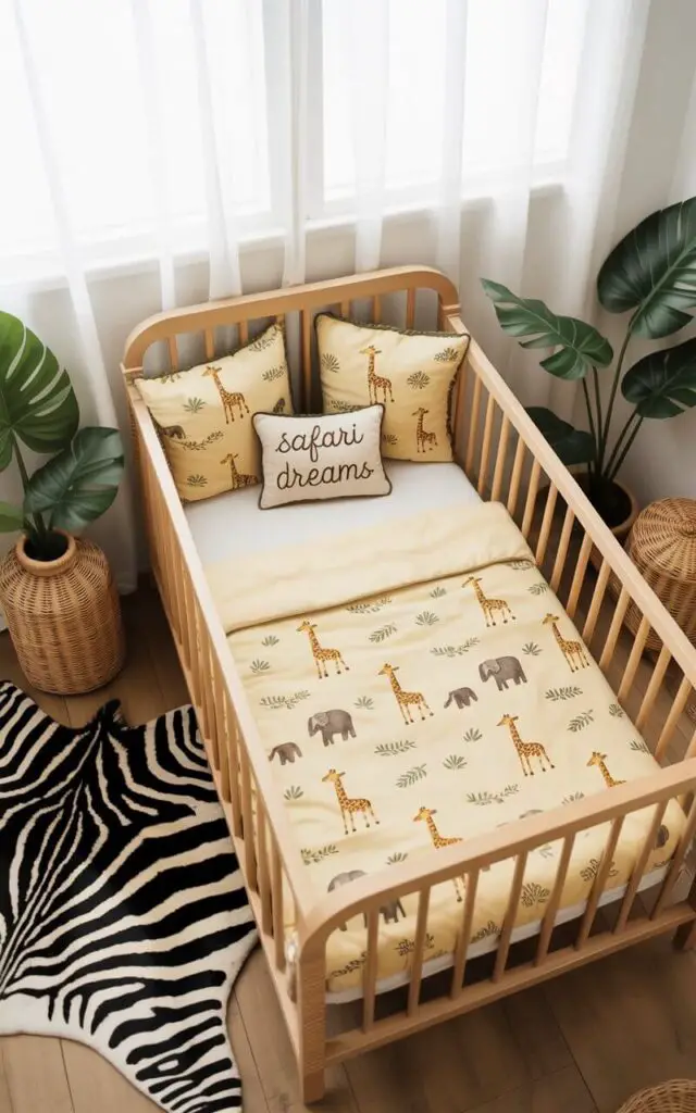 A photograph of a cozy nursery centered around a crib styled with a safari theme. The crib is adorned with soft yellow bedding featuring a pattern of tiny giraffes, leafy vines, and elephants in muted greens and browns, creating a visually charming focal point. A plush zebra rug lies on the wooden floor beside the crib, complemented by a few potted leafy green plants and a couple of woven rattan baskets adding texture and warmth. Soft, diffused sunlight streams through the window, casting a gentle glow over the entire scene and highlighting the "Safari Dreams" embroidered onto a small pillow.