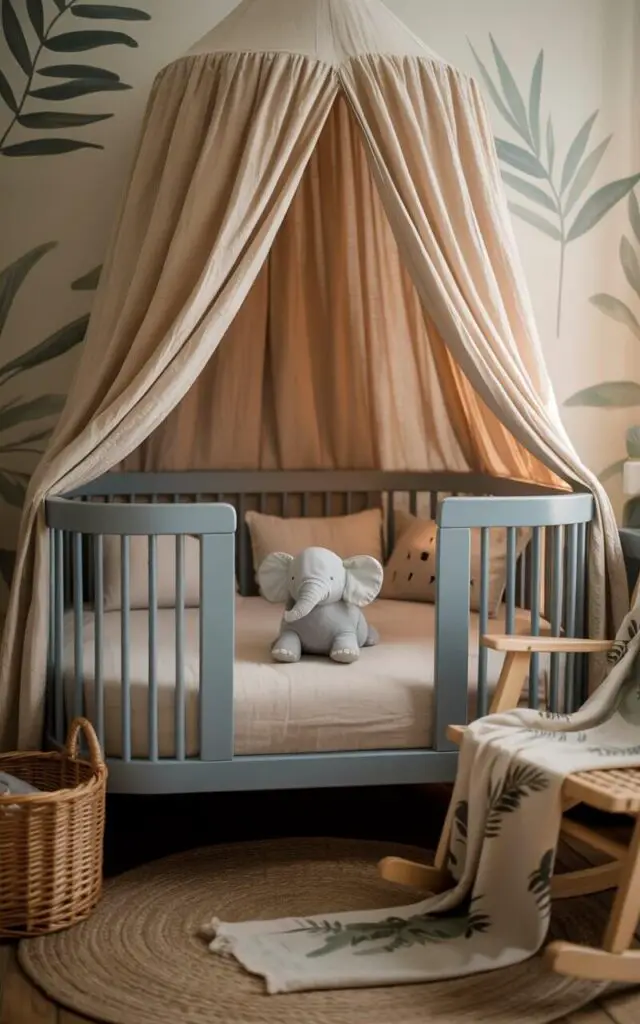 A photograph of a cozy blue nursery cot bed enveloped by a flowing linen canopy, resembling a miniature safari tent. The cot features soft beige bedding and a small, endearing plush elephant resting on the pillows. Gentle leafy decals adorn the walls, complemented by a woven storage basket and a rocking chair draped with a subtle jungle-print blanket. Soft, diffused natural light filters through the canopy, casting a warm and serene glow upon the tranquil scene.