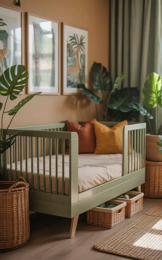 A photograph of a cozy nursery room bathed in soft, natural light. A serene green cot bed with light wood accents and neutral bedding sits centrally, complemented by mustard yellow, terracotta, and deep green cushions and storage bins thoughtfully arranged around it. Woven storage baskets and leafy faux plants gently populate the room, while framed jungle artwork adorns the walls, creating a warm and inviting atmosphere. The background reveals a blurred view of sunlight streaming through a window, highlighting the calm and vibrant safari theme.