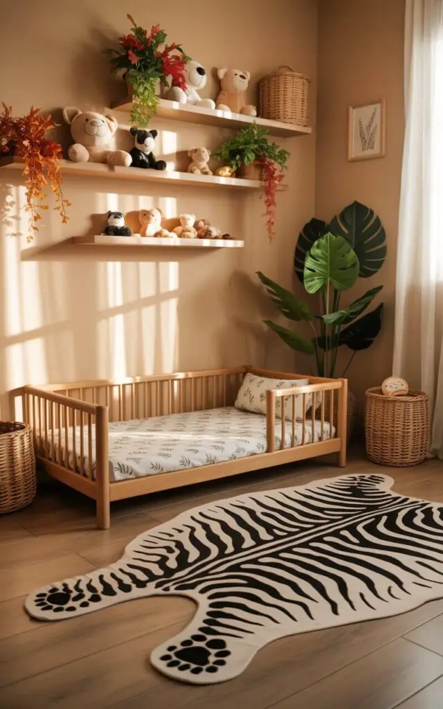 A photograph of a cozy nursery featuring a large zebra-striped rug with tiny paw prints covering the wooden floor. A low, wooden cot bed with leafy-print sheets sits centered on the rug, its slats casting soft shadows across the floor. Floating shelves adorn the walls, displaying plush animal toys, vibrant faux plants, and woven rattan baskets, creating a playful and inviting atmosphere. Warm, diffused sunlight streams in through a nearby window, gently illuminating the entire scene and highlighting the comforting textures of the room.