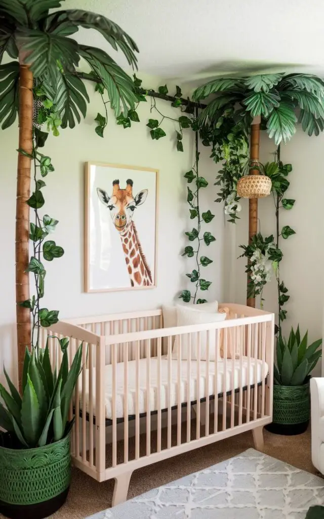 A lush safari nursery theme comes alive with faux palm trees, monstera leaves, and hanging vines placed strategically around the space. A very cozy nursery cot bed with natural wooden slats and cream bedding anchors the room. The very well decorated nursery room also includes a framed giraffe art. The greenery softens the design and adds vibrancy, creating a refreshing jungle atmosphere without overwhelming the space.