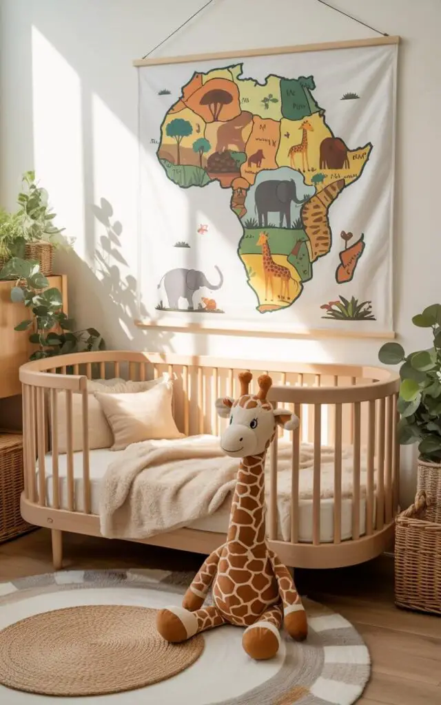 A photograph of a cozy nursery cot bed crafted from natural wood tones, positioned in the center of a softly lit room. The cot is adorned with a plush, cream-colored blanket and a single, oversized stuffed giraffe with gentle brown fur and endearing embroidered eyes. Above the bed hangs a whimsical illustrated map of Africa, showcasing vibrant depictions of elephants, giraffes, and lions across diverse regions, framed in a light wooden border. Woven baskets and lush greenery are scattered throughout the room, casting soft shadows and contributing to the warm, inviting atmosphere.
