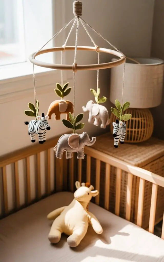A photograph of a handcrafted felt mobile gently swaying above a cozy nursery cot bed. The mobile features intricately cut elephants, zebras, and leafy vines suspended from delicate twine, casting soft shadows on the light wood crib below. Beneath the mobile, a plush, cream-colored giraffe rests nestled on the neutral bedding, while a woven rug and a rattan side table with a linen lampshade complete the warm, inviting scene. Soft, diffused daylight streams in from a nearby window, creating a serene and peaceful atmosphere.