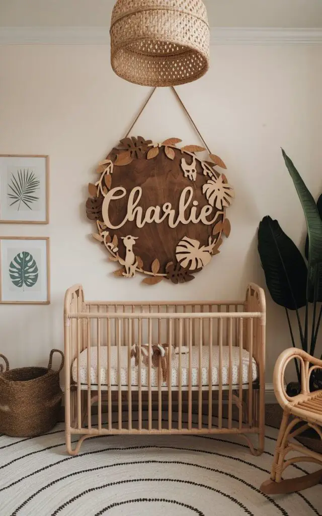 A photo of a safari nursery theme personalized with a wooden name sign on the wall hanging above the crib. The sign is decorated with leafy carvings and safari animal accents, making it a unique focal point. Below it, a very cozy nursery cot bed sits with cream bedding. The very well decorated nursery room includes woven baskets, leafy prints on the wall, and a rattan rocking chair. The personalized sign makes the space feel truly special. The name sign is "Charlie".