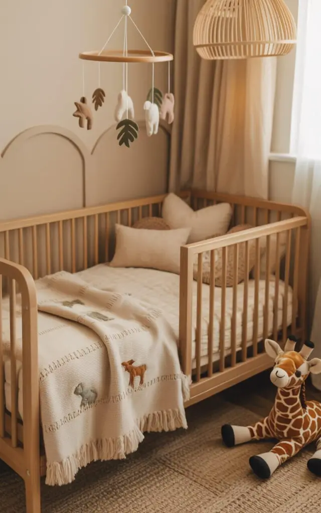 A photograph of a cozy nursery bathed in soft, natural light, showcasing a light oak cot bed as the central focus. The bed features plush cream-colored bedding, a knitted blanket with subtle animal patterns, and a delicate mobile with felt leaves and animal shapes suspended above. Soft beige and cream walls create a calm, earthy atmosphere, complemented by a rattan lamp and a plush giraffe softly resting in the corner, adding subtle safari details. The room is filled with warm natural textures, enhancing the serene and inviting ambiance of the nursery.