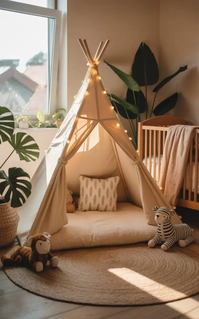 A photograph of a charming teepee tent nestled within a cozy nursery. The cream-colored canvas teepee is adorned with delicate string lights, creating a soft, warm glow, and sits next to a nursery cot bed draped with plush beige blankets and a patterned throw pillow. Scattered around the teepee are stuffed safari animals and woven rugs, while leafy green plants add a touch of nature to the room. Gentle sunlight streams through a window, casting a tranquil ambiance across the playful scene.