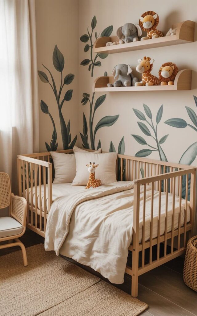 A photograph of a charming nursery featuring a cozy cot bed as the central focus. The cot is draped in crisp cream bedding, complemented by a small, endearing giraffe plush nestled amongst the pillows. Floating wooden shelves adorned with playful plush elephants, lions, and giraffes line the walls, while a light rattan chair and woven baskets add to the room’s warmth. Soft, natural light filters through the window, illuminating leafy wall decals and creating an inviting, tranquil atmosphere.