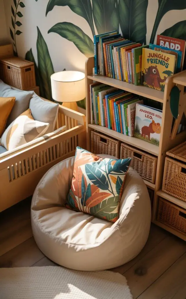 A photograph of a cozy reading nook nestled within a safari-themed nursery, focusing on a plump, cream-colored beanbag chair. The beanbag chair is adorned with a vibrant leafy-print cushion, positioned invitingly near a small wooden bookshelf overflowing with colorful safari storybooks featuring titles like "Jungle Friends" and "Adventures with Leo." The nook is bathed in the soft glow of a nearby table lamp, casting gentle shadows on the woven storage baskets and leafy wall decals that complement the room's warm, adventurous aesthetic. A glimpse of a very cozy nursery cot bed with light bedding can be seen in the periphery, completing the scene of a personal, nurturing space.