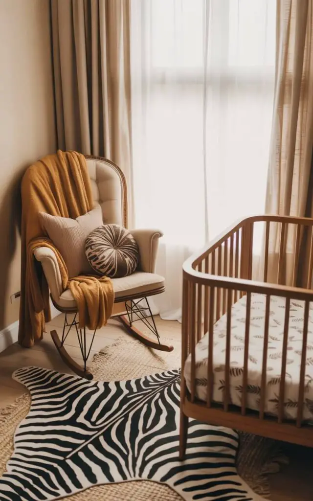 A photograph of a cozy nursery with a vintage rocking chair as the focal point. The chair is draped with a mustard-yellow throw blanket and adorned with plush animal-print cushions, positioned near a window with light linen curtains. Below, a zebra-striped rug anchors the space, with a wooden cot bed nestled nearby, featuring leafy-patterned sheets and a soft, inviting atmosphere. Gentle sunlight streams through the window, illuminating the layered textiles and creating a warm and peaceful ambiance.